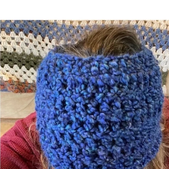 Hand Crafted Hat Headband Blue Crochet Pony Tail Beanie Chunky Ear Warmer Wrap - Picture 7 of 8